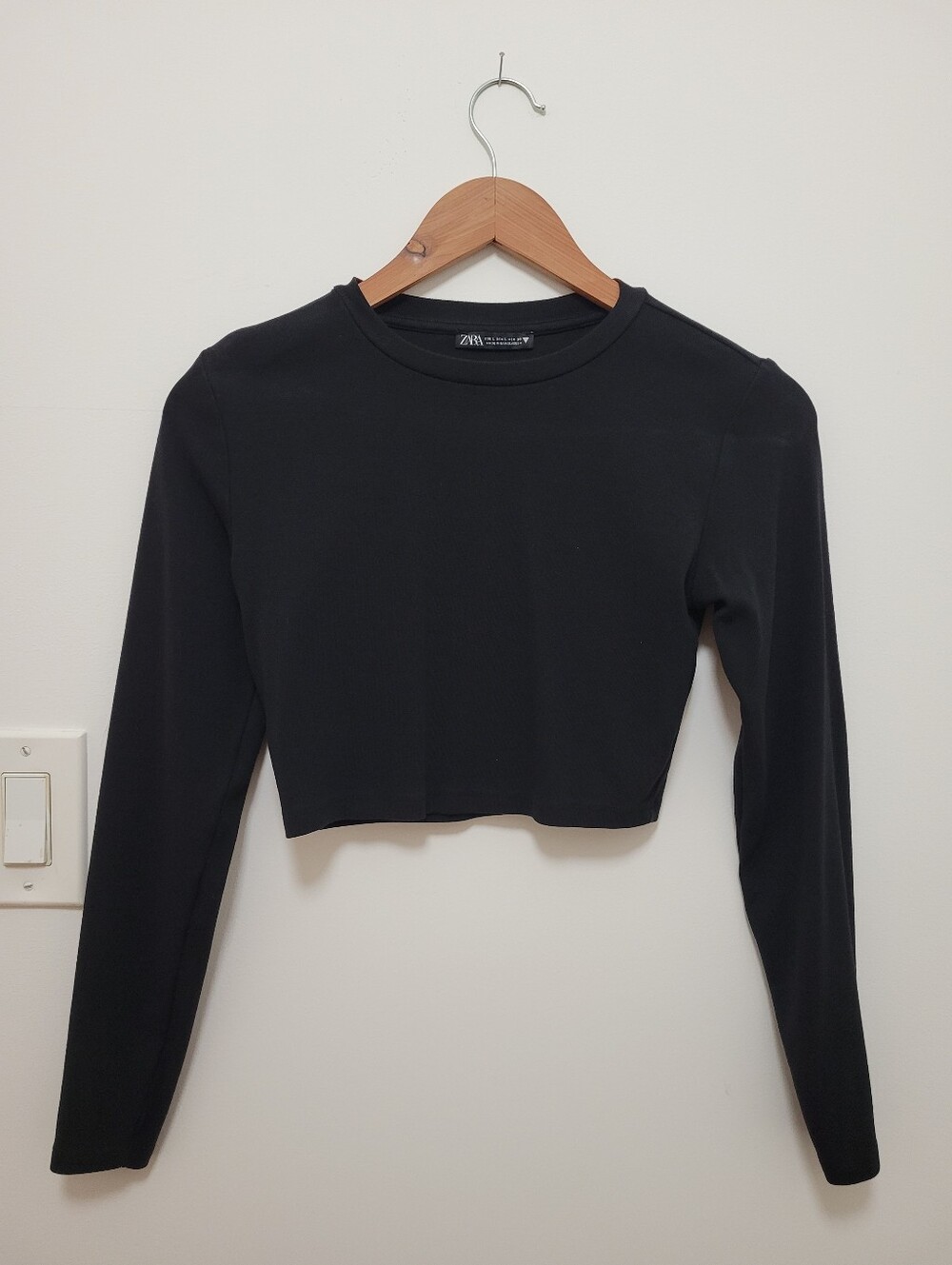 ZARA Black Cropped Long-Sleeve Crewneck Top
